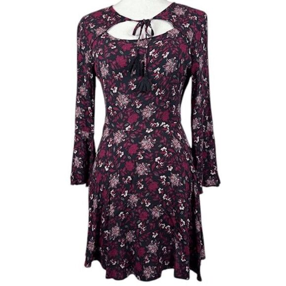 American Eagle Floral Print Mini Dress Black with Purple Tie Front Tassel Medium - Picture 1 of 10